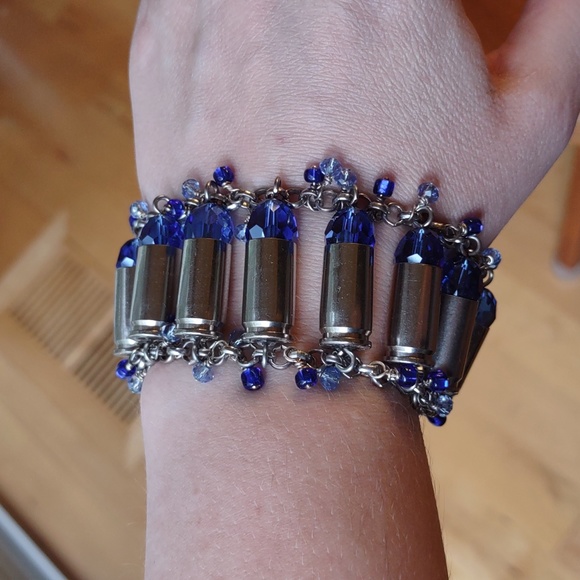 Handmade Bullet Shell Casing Bracelet With Blue Swarovski Crystals - Picture 4 of 15